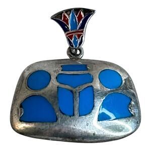 Turquoise Inlay Southwestern Unmarked Sterling Silver Blue Red Pendant